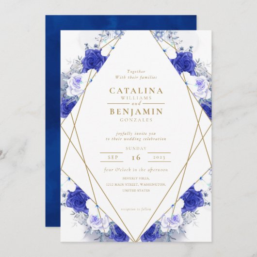 Navy Blue Paars Gold Lettering Geometric Wedding Kaart (Voorkant / Achterkant)