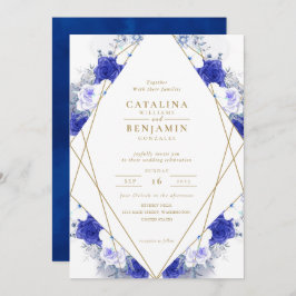 Navy Blue Paars Gold Lettering Geometric Wedding Kaart