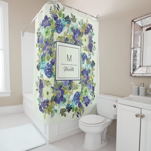 Navy Blue Paars Green Waterverf Floral Monogram Douchegordijn (In situ)