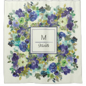 Navy Blue Paars Green Waterverf Floral Monogram Douchegordijn (Voorkant)