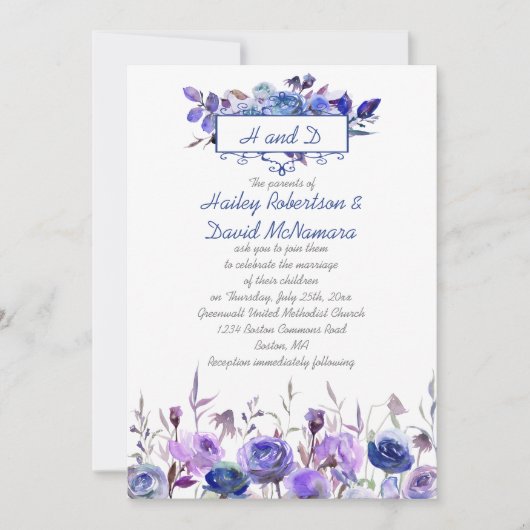 Navy Blue Paars Lavender Rozen Wedding Invites Kaart (Voorkant)