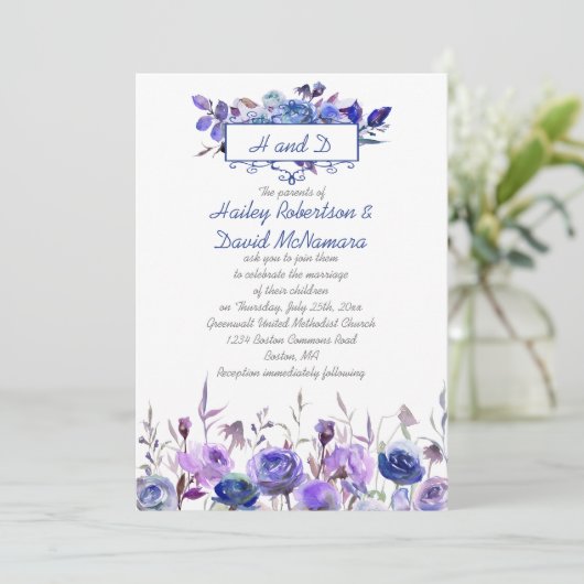 Navy Blue Paars Lavender Rozen Wedding Invites Kaart (Staand voorkant)