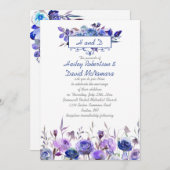 Navy Blue Paars Lavender Rozen Wedding Invites Kaart (Voorkant / Achterkant)
