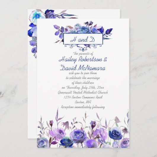 Navy Blue Paars Lavender Rozen Wedding Invites Kaart (Voorkant / Achterkant)