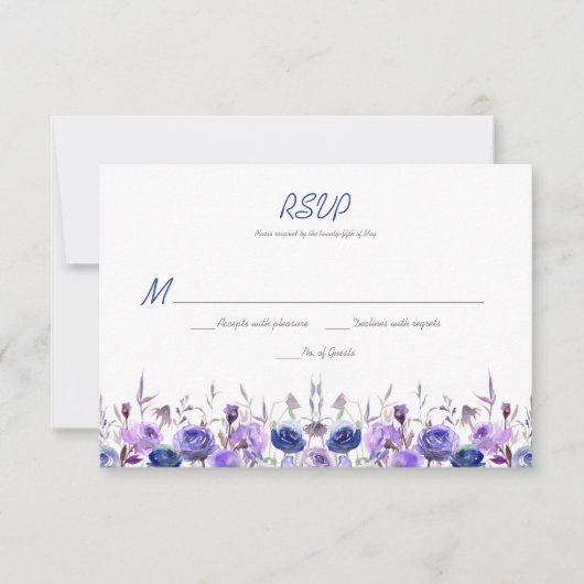 Navy Blue Paars Lavender Waterverf Rozen RSVP (Voorkant)