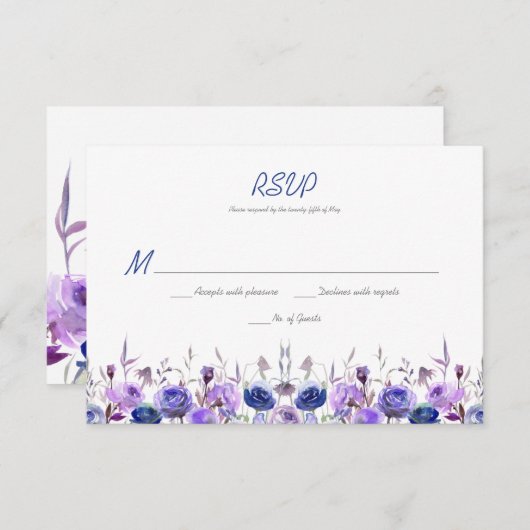 Navy Blue Paars Lavender Waterverf Rozen RSVP (Voorkant / Achterkant)