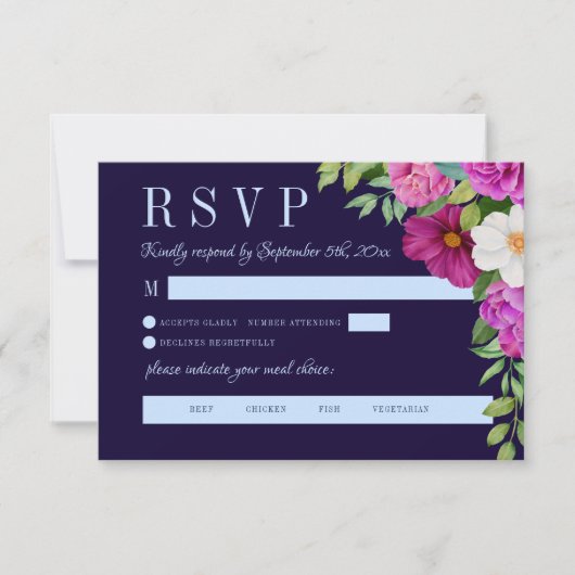 Navy Blue Paars Pink Flowers Bold Meal Choice RSVP Kaartje (Voorkant)