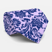 Navy Blue & Paarse Bloemen Damaskpatroon Stropdas (Opgerold)
