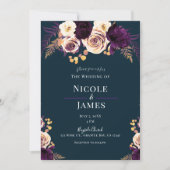 Navy Blue Paarse Dark Floral Greenery Wedding Kaart (Voorkant)
