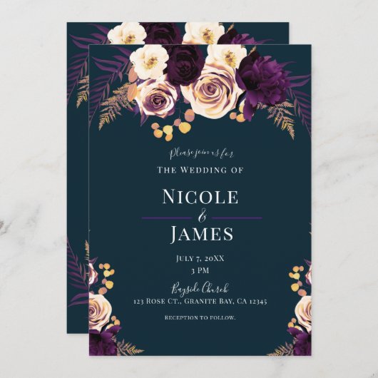 Navy Blue Paarse Dark Floral Greenery Wedding Kaart (Voorkant / Achterkant)