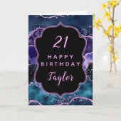 Navy Blue Paarse Ocean Agaat Happy Birthday Kaart (Gele Bloem)