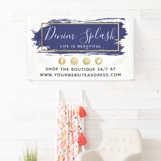 Navy Blue Paint Stroke & Modern Gold Geometric Spandoek (Insitu)