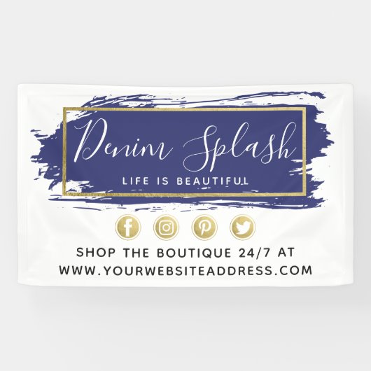 Navy Blue Paint Stroke & Modern Gold Geometric Spandoek (Horizontaal)