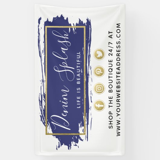Navy Blue Paint Stroke & Modern Gold Geometric Spandoek (Verticaal)
