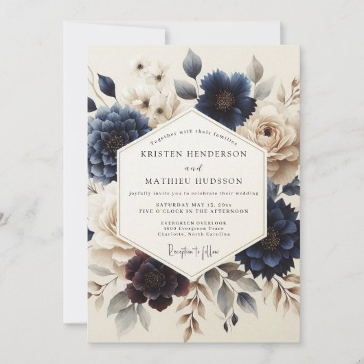 Navy Blue Painterly Bloom Wedding Kaart (Voorkant)