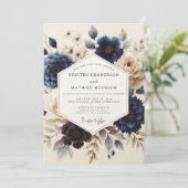 Navy Blue Painterly Bloom Wedding Kaart (Staand voorkant)