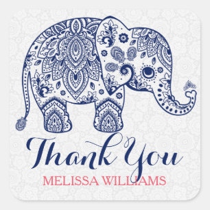 Navy Blue Paisley Elephant Bedankt Vierkante Sticker