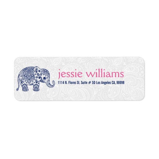 Navy Blue Paisley Elephant Illustratie Etiket (Voorkant)