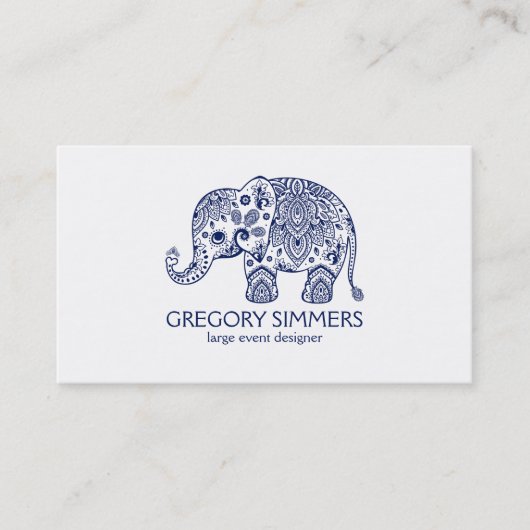 Navy Blue Paisley Elephant Illustratie Visitekaartje (Voorkant)