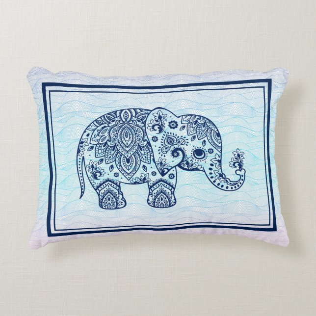 Navy-Blue paisley Elephant Illustration Accent Kussen (Voorkant)