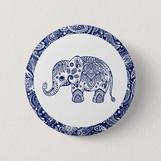 Navy Blue Paisley Elephant Ronde Button 5,7 Cm (Voorkant)