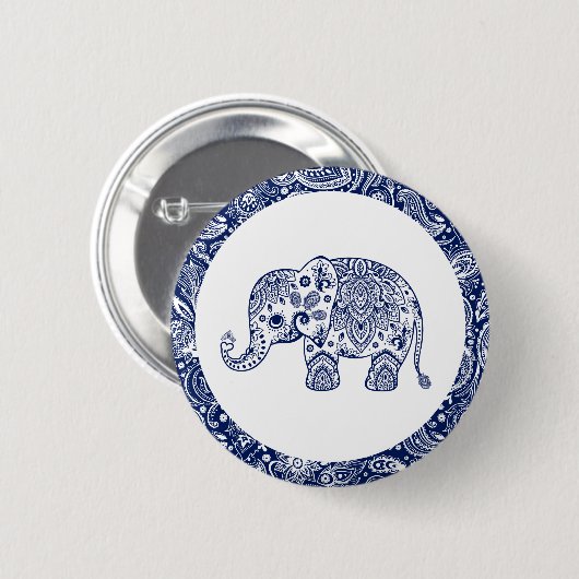 Navy Blue Paisley Elephant Ronde Button 5,7 Cm (Voorkant /achterkant)