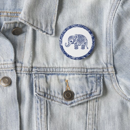 Navy Blue Paisley Elephant Ronde Button 5,7 Cm (In situ)