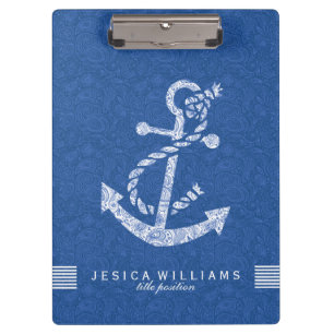Navy Blue Paisley en White Nautical Boat Anchor 2 Klembord