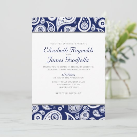 Navy Blue Paisley Wedding Invitations Kaart (Staand voorkant)