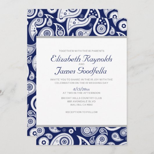 Navy Blue Paisley Wedding Invitations Kaart (Voorkant / Achterkant)