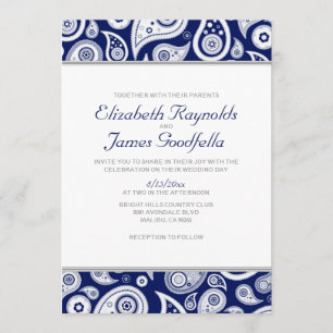 Navy Blue Paisley Wedding Invitations Kaart