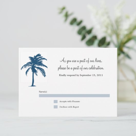Navy Blue Palm Tree Wedding RSVP-kaart RSVP Kaartje (Staand voorkant)