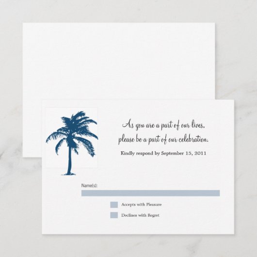 Navy Blue Palm Tree Wedding RSVP-kaart RSVP Kaartje (Voorkant / Achterkant)