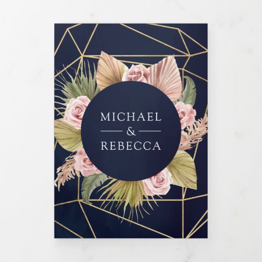 Navy Blue Pampas Dusty Roses QR Code Weddenschap Drieluik Uitnodiging (Cover)