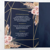 Navy Blue Pampas Dusty Roses QR Code Weddenschap Drieluik Uitnodiging (Binnenzijde eerst)