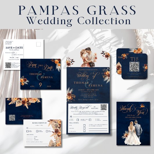 Navy Blue Pampas Grass Bruiloft Save The Date Briefkaart
