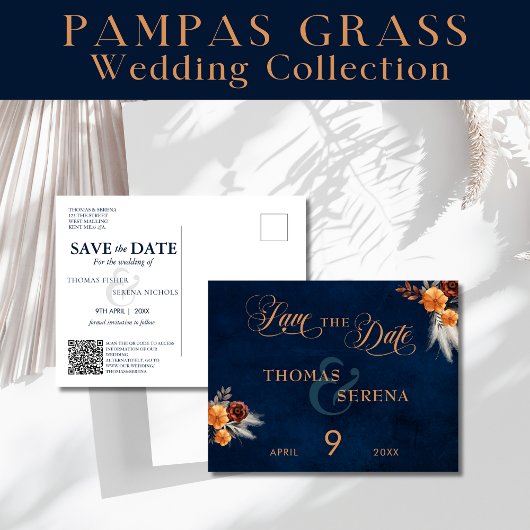 Navy Blue Pampas Grass Bruiloft Save The Date Briefkaart