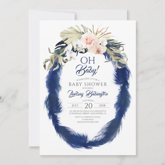 Navy Blue Pampas Grass Tropisch Baby shower Kaart (Voorkant)