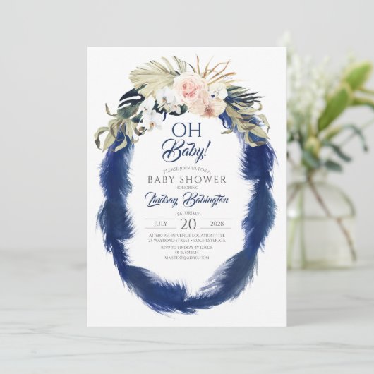 Navy Blue Pampas Grass Tropisch Baby shower Kaart (Staand voorkant)