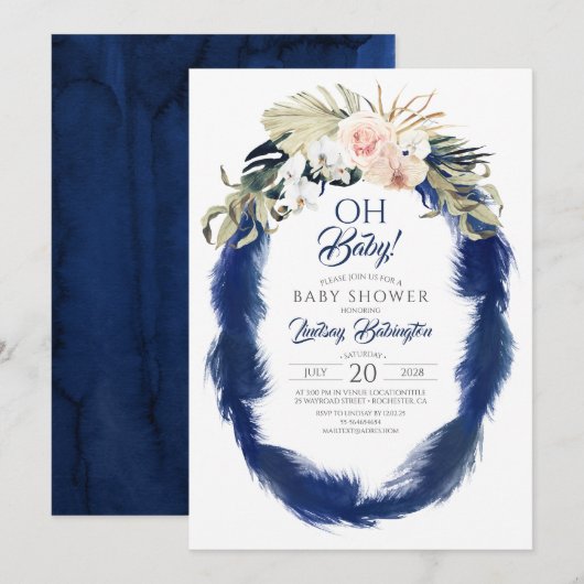 Navy Blue Pampas Grass Tropisch Baby shower Kaart (Voorkant / Achterkant)