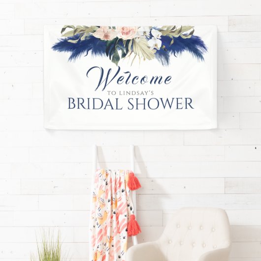 Navy Blue Pampas Grass Vrijgezellenfeest Welkom Spandoek (Insitu)