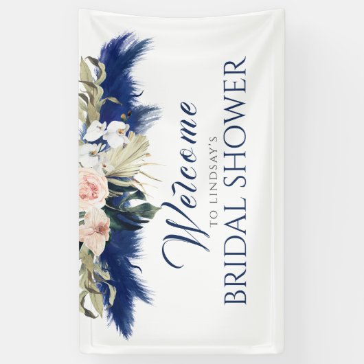 Navy Blue Pampas Grass Vrijgezellenfeest Welkom Spandoek (Verticaal)