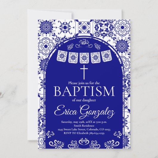 Navy Blue Papel Picado Baptism Invitation Kaart (Voorkant)