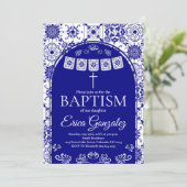 Navy Blue Papel Picado Baptism Invitation Kaart (Staand voorkant)