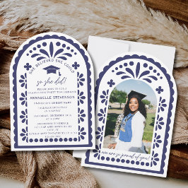 Navy Blue Papel Picado Talavera Photo Graduation Kaart