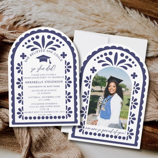 Navy Blue Papel Picado Talavera Photo Graduation Kaart