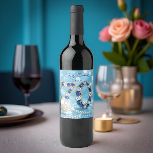 Navy Blue Pareltjes Parels & White Rose 70e verjaa Wijn Etiket