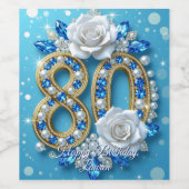 Navy Blue Pareltjes Parels & Witte Rozen 80ste Ver Wijn Etiket (Enkel label)