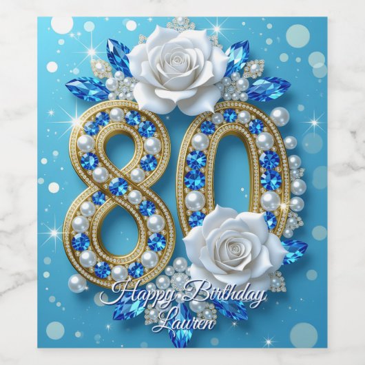 Navy Blue Pareltjes Parels & Witte Rozen 80ste Ver Wijn Etiket (Enkel label)