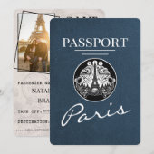 Navy Blue Paris Passport Bewaar de datum Save The Date (Voorkant / Achterkant)